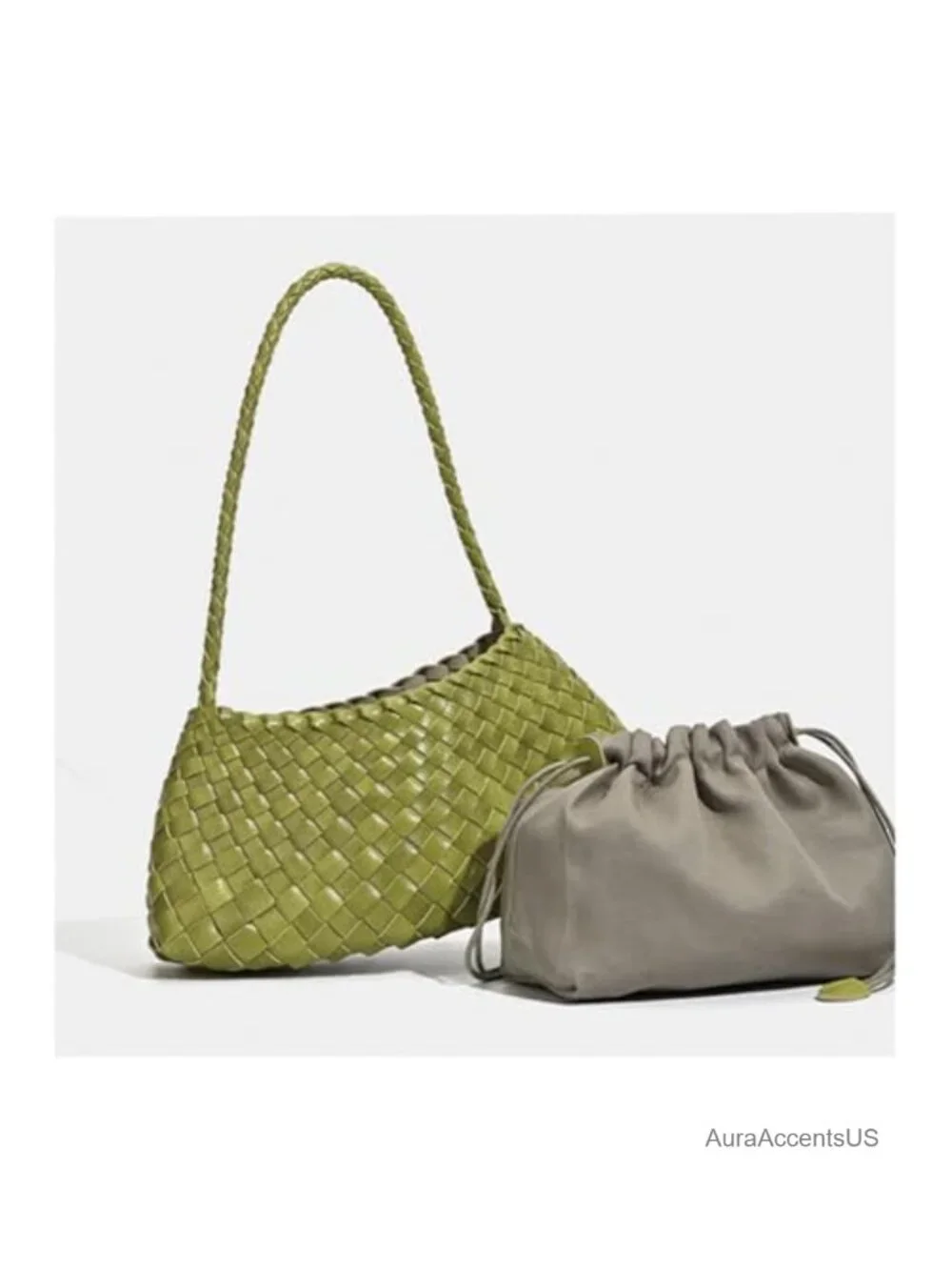 Woven Leather Shoulder Hobo Bag, Large Capacity, Drawstring Closure, Women